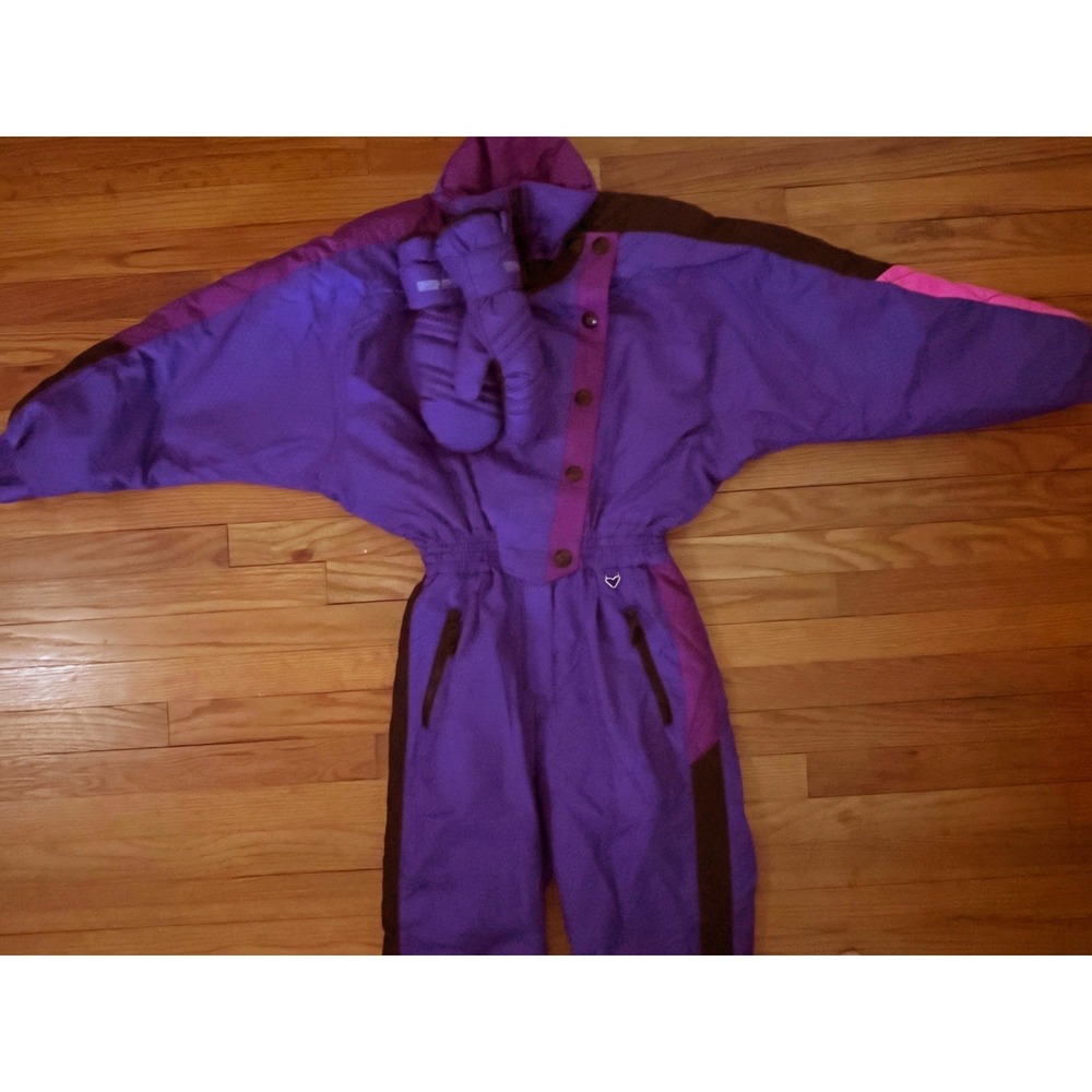 Vintage Obermeyer Brushstroke Purple Coverall Ski Snow Suit & M Mittens Women 8 - Picture 6 of 10